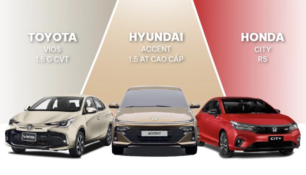 So Sánh Khốc Liệt Honda City RS vs Toyota Vios G vs Hyundai Accent Đặc Biệt – Cuộc Chiến Giữa Cá Tính, Bền Bỉ và Giá Trị